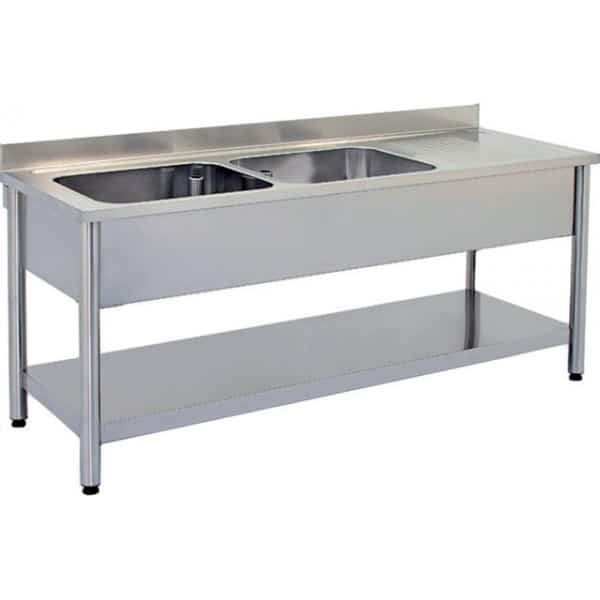 Plonge démontable pieds ronds avec étagère pleine,2 bacs à gauche, inox AISI 304, L 1600 x P 700 x H 850 mm