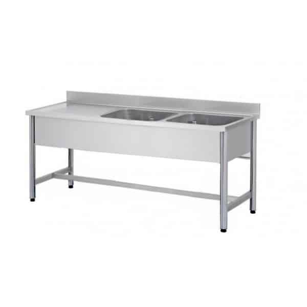Plonge démontable sur pieds ronds, sans étagère, en inox AISI 304, 2 bacs, L 1600 mm
