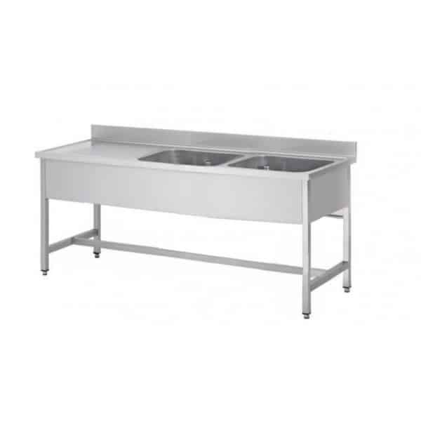 Plonge soudée sans étagère, en inox AISI 304, 2 bacs à droite, P 700 mm