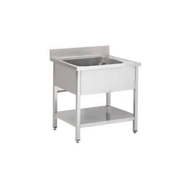 Plonge soudée sur pieds carrés avec étagère, 1 bac au centre, profondeur 700 mm