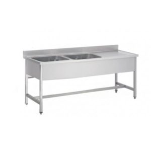Plonge soudée sur pieds carrés sans étagère, inox AISI 304, 2 bacs, longueur 2000 mm