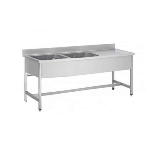 Plonge soudée sur pieds carrés sans étagère, inox AISI 304, 2 bacs, longueur 2000 mm
