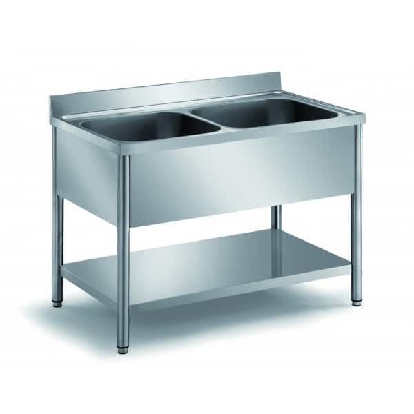 Plonge démontable sur pieds ronds, avec étagère, inox ferritique, 2 bacs au centre, profondeur 600 mm