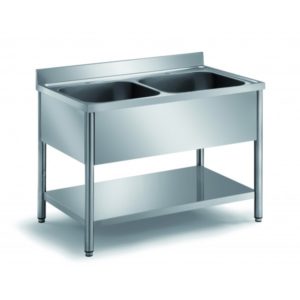 Plonge démontable sur pieds ronds, étagère pleine, en inox ferritique, 2 bacs, L 1200 mm