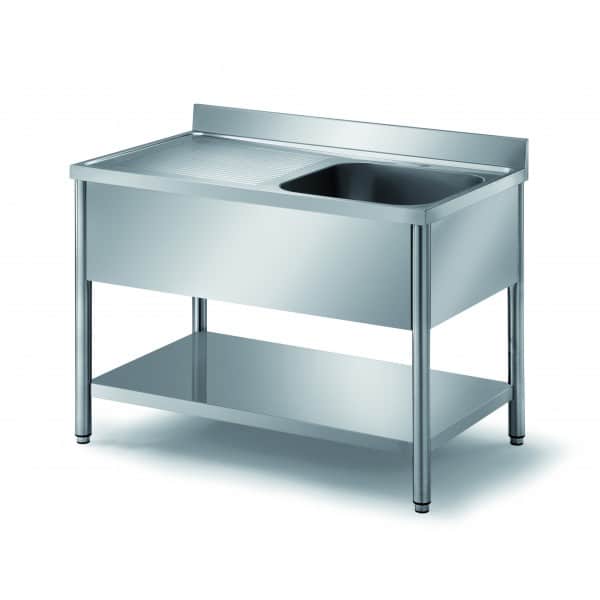 Plonge démontable sur pieds ronds, avec étagère, inox ferritique, 1 bac, profondeur 700 mm, longueur 1400 mm