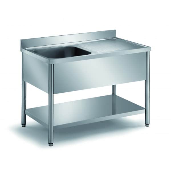 Plonge démontable sur pieds ronds, avec étagère, inox ferritique, 1 bac, profondeur 700 mm, longueur 1400 mm