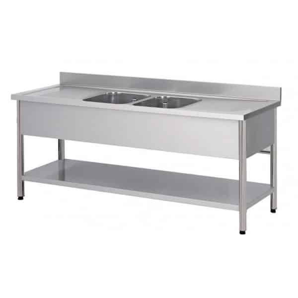 Plonge démontable sur pieds ronds, avec étagère, en inox ferritique, 2 bacs, 2 égouttoirs, P - 700 mm