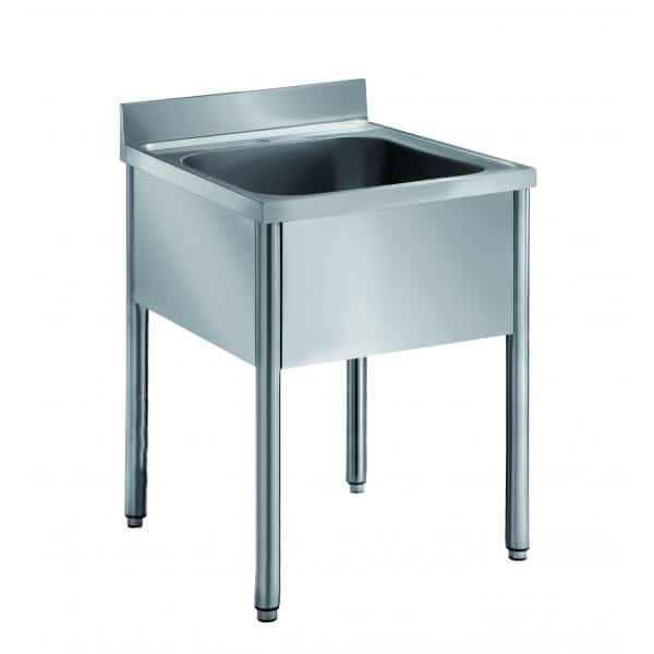 Plonge démontable sur pieds ronds sans étagère, inox AISI 304, 1 bac au centre, profondeur 600 mm