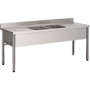 Plonge démontable sur pieds ronds, sans étagère, en inox AISI 304, 2 bacs, 2 égouttoirs, L 2000 mm
