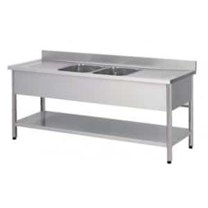 Plonge démontable sur pieds ronds, étagère pleine, en inox AISI 304, 2 bacs, 2 égouttoirs, L 2000 mm