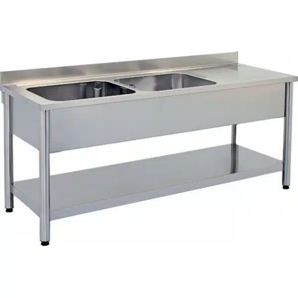 Plonge démontable sur pieds ronds, avec étagère, inox AISI 304, 2 bacs, longueur 1800 mm