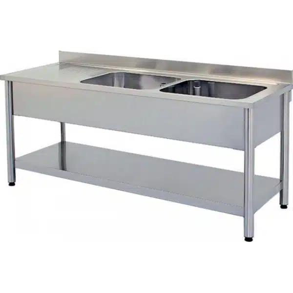 Plonge démontable sur pieds ronds, avec étagère, inox AISI 304, 2 bacs, longueur 1800 mm