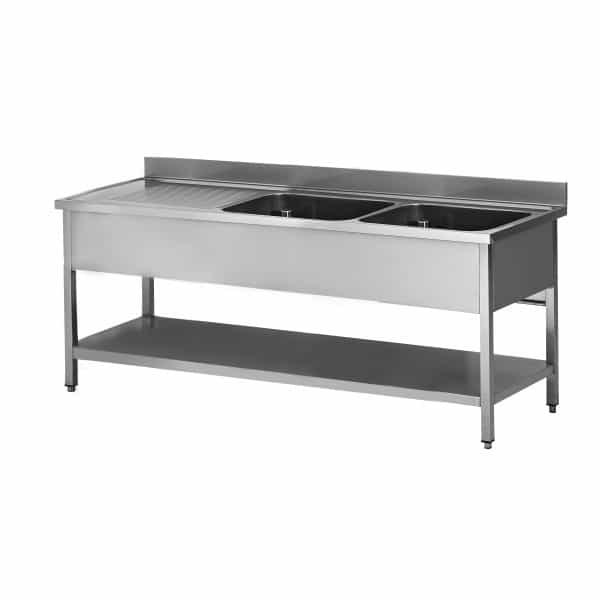 Plonge soudée sur pieds carrés avec étagère, inox AISI 304, 2 bacs, longueur 1800 mm