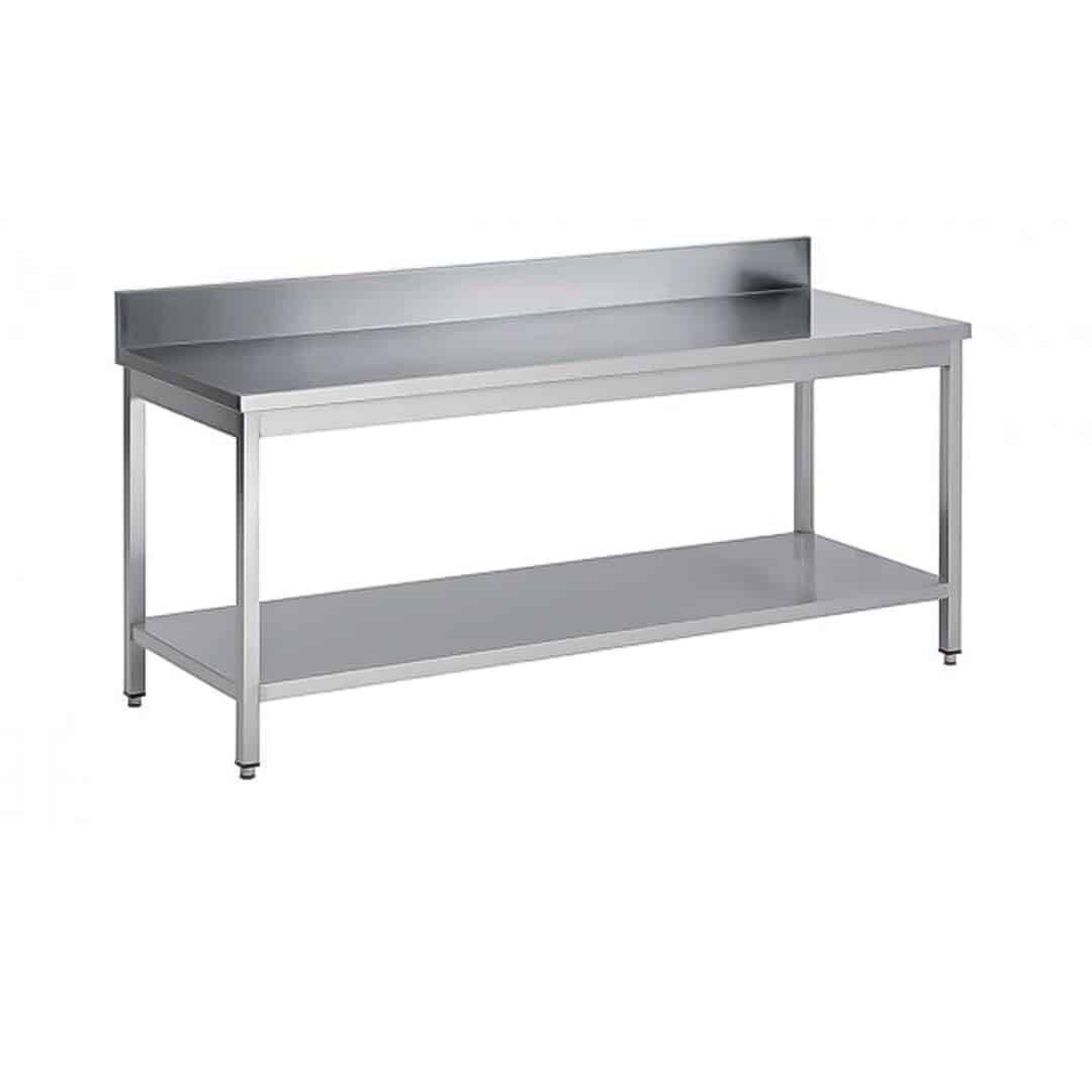 Table soudée bords droits, adossée + étagère, en inox AISI 304, P 600 mm