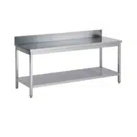 Table soudée bords droits, adossée avec étagère, en inox AISI 304, P 700 mm