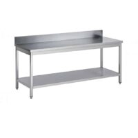 Table soudée bords droits, adossée avec étagère, en inox AISI 304, P 800 mm