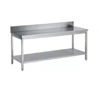 Table soudée bords droits, adossée avec étagère, en inox AISI 304, P 800 mm