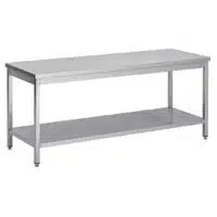 Table soudée bords droits, centrale + étagère, en inox AISI 304, P 800 mm