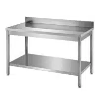 Table démontable bords droits pieds ronds inox AISI 304 adossée+étagère P 600 mm