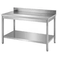 Table démontable bords droits pieds ronds inox AISI 304 adossée+étagère P 700 mm