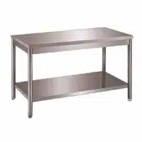 Table démontable bords droits pieds ronds inox AISI 304 centrale + étagère P 600 mm