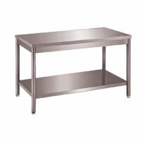 Table démontable bords droits pieds ronds inox AISI 304 centrale + étagère P 700 mm