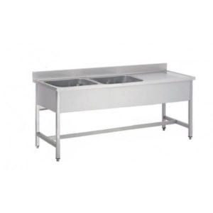 Plonge démontable pieds carrés sans étagère,2 bacs à gauche, égouttoir, inox AISI 304, L 1500 x P 700 x H 850 mm