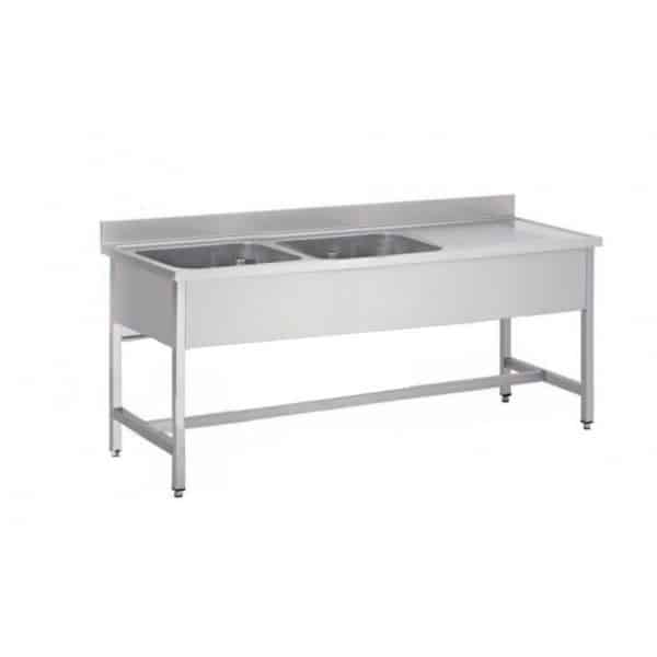 Plonge démontable pieds carrés sans étagère,2 bacs à gauche, égouttoir, inox AISI 304, L 1500 x P 700 x H 850 mm