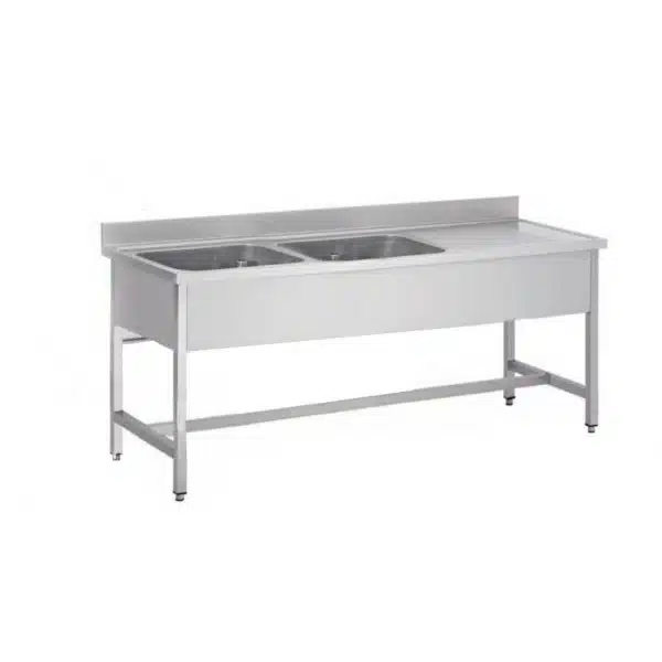 Plonge démontable pieds carrés sans étagère,2 bacs à gauche, égouttoir, inox AISI 304, L 1500 x P 700 x H 850 mm