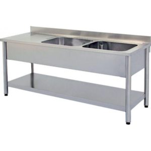 Plonge démontable pieds ronds avec étagère, 2 bacs à droite, inox ferritique, L 1500 x P 600 x H 850 mm