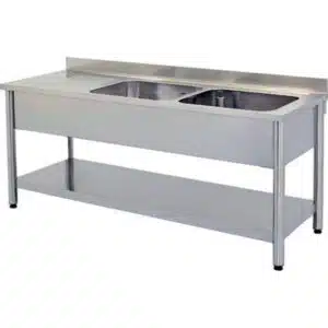 Plonge démontable pieds ronds avec étagère, 2 bacs à droite, inox ferritique, L 1500 x P 600 x H 850 mm