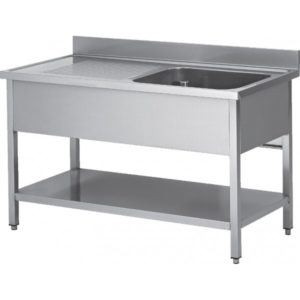 Plonge soudée sur pieds carrés avec étagère, inox AISI 304,1 bac à droite, profondeur 600 mm