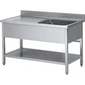 Plonge soudée sur pieds carrés avec étagère, inox AISI 304,1 bac à droite, profondeur 600 mm