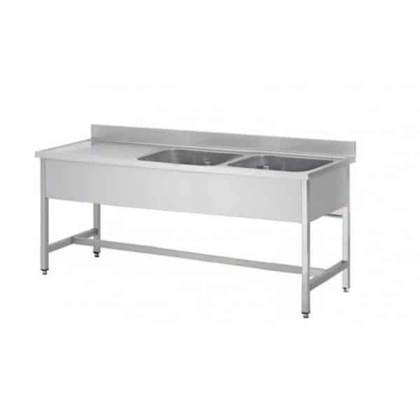 Plonge soudée sur pieds carrés sans étagère, inox AISI 304, 2 bacs, longueur 1500 mm