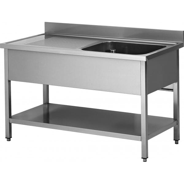 Plonge soudée sur pieds carrés avec étagère, inox AISI 304, 1 bac, longueur 1000 mm
