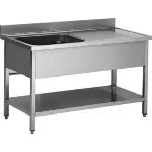 Plonge soudée sur pieds carrés avec étagère, inox AISI 304, 1 bac à gauche, P-700 mm