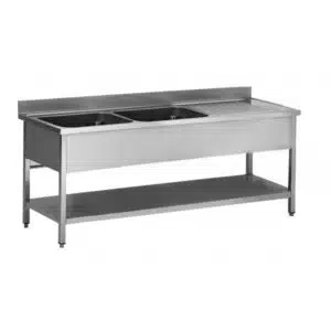 Plonge démontable sur pieds carrés avec étagère, inox AISI 304, 2 bacs à gauche, P-600 mm