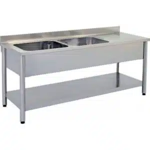 Plonge démontable sur pieds ronds, avec étagère, inox ferritique, 2 bacs, longueur 1500 mm