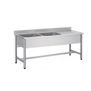 Plonge démontable sur pieds ronds, sans étagère, inox AISI 304, 2 bacs à gauche, dimension bac : L 400 x P 400 x H 250 mm