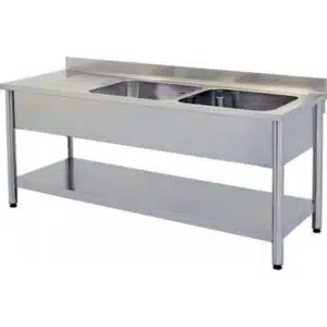 Plonge démontable sur pieds ronds, avec étagère, inox AISI 304, 2 bacs à droite, dimension bac : L 400 x P 400 x H 250 mm