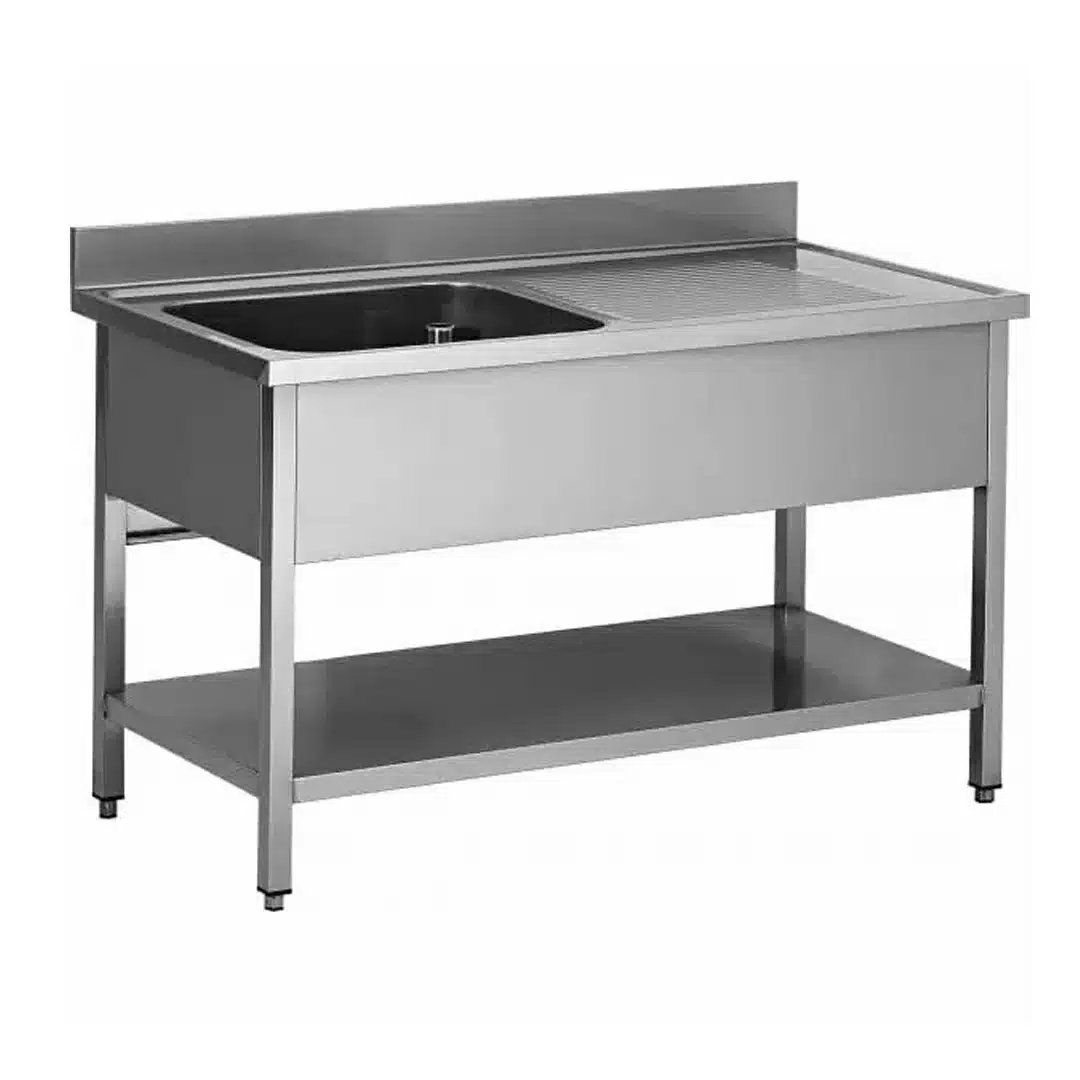 Plonge soudée sur pieds carrés avec étagère, inox ferritique, 1 bac à gauche, P-700 mm
