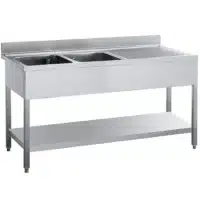 Plonge soudée sur pieds carrés avec étagère, inox ferritique, 2 bacs, longueur 1800 mm