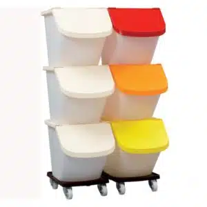 Trio conteneurs , 3 bacs 460 x 610 x 1480 mm + 3 couvercles ivoire + chariot de transport