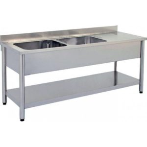 Plonge démontable sur pieds ronds, étagère pleine, en inox AISI 304, 2 bacs à gauche, L 1500 mm