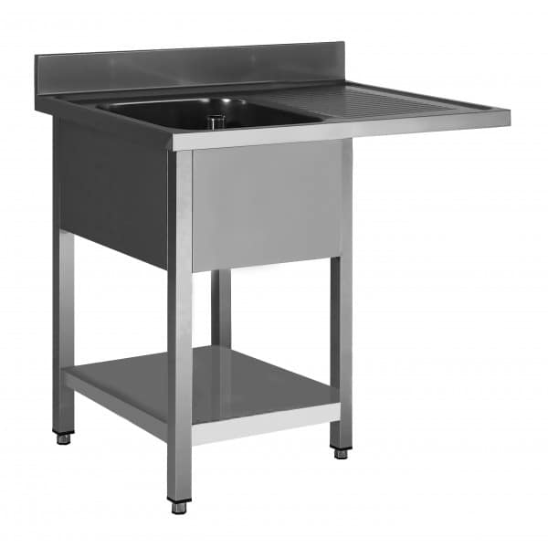 Plonge soudée sur pieds carré pour lave-vaisselle, avec étagère, inox ferritique, 1 bac, longueur 1200 mm