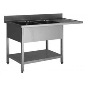 Plonge soudée sur pieds carré pour lave-vaisselle, avec étagère, inox ferritique, 2 bacs, longueur 1800 mm