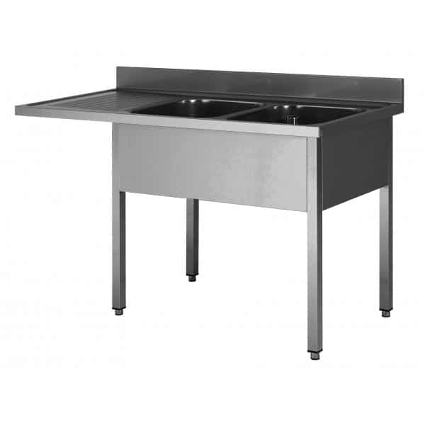 Plonge soudée sur pieds carré pour lave-vaisselle, sans étagère, inox AISI 304, 2 bacs, longueur 2000 mm