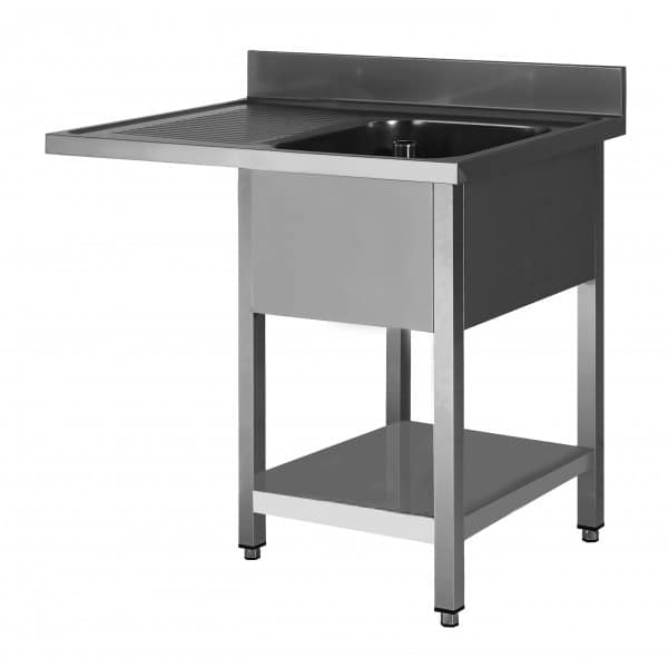 Plonge soudée sur pieds carré pour lave-vaisselle, avec étagère, inox AISI 304, 1 bac, longueur 1500 mm
