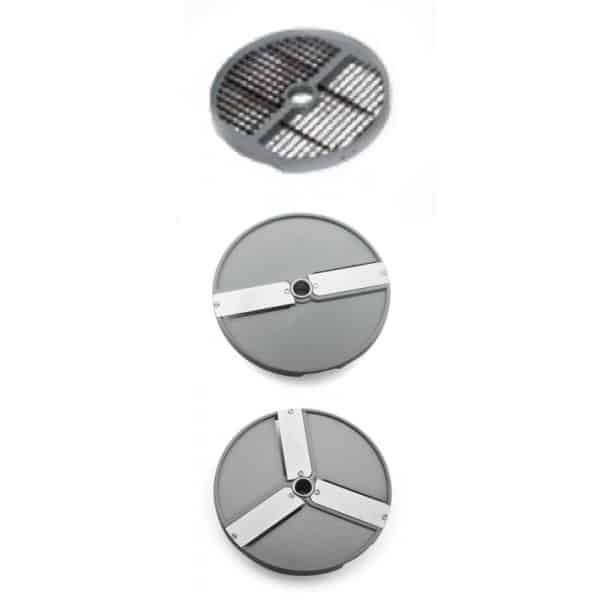 Kit de disque: 4 disques à trancher (ø 4/6/8/10 mm), 2 disques à râper (ø 5/7 mm), 2 disques à frite ( 8 ou 10 mm)