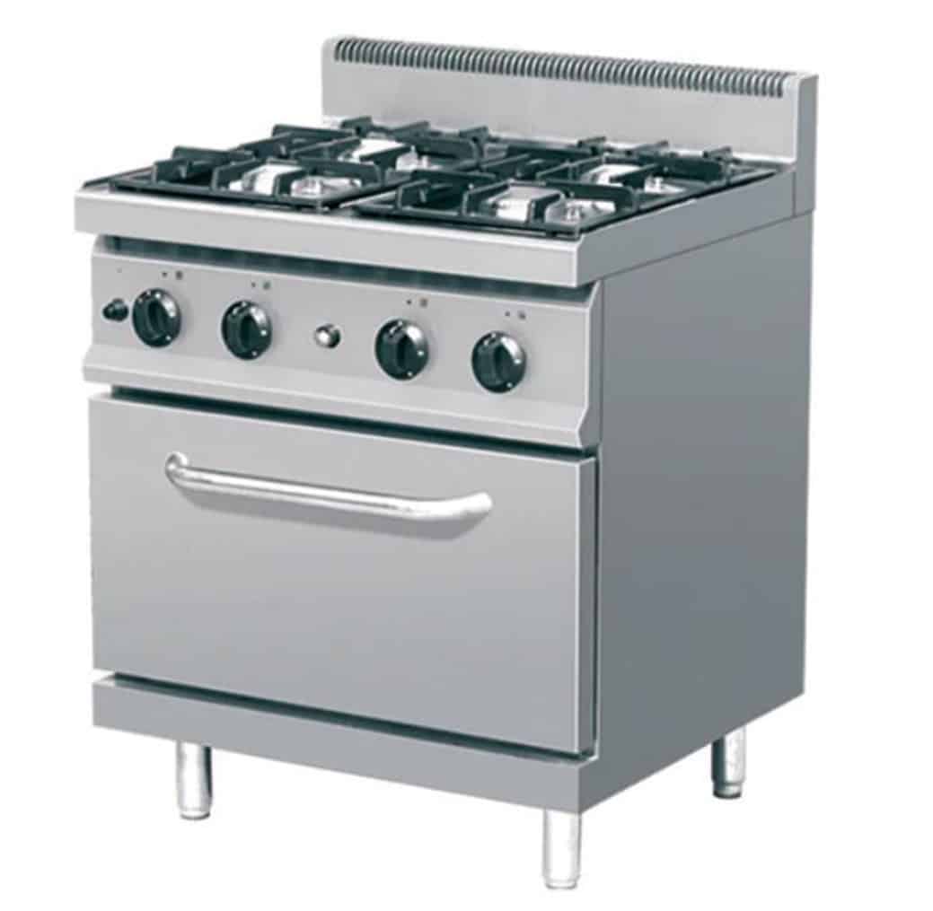 Fourneau à gaz professionnel, avec four, en inox AISI 304, 4 feux, 25.8 kW